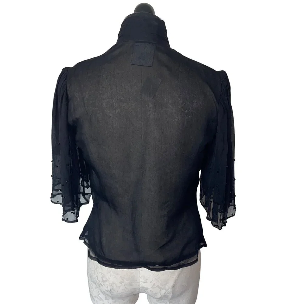 Veronique Young Vintage 90s Womens Blouse Size 6 Black Flutter Sleeve New - Picture 2 of 9